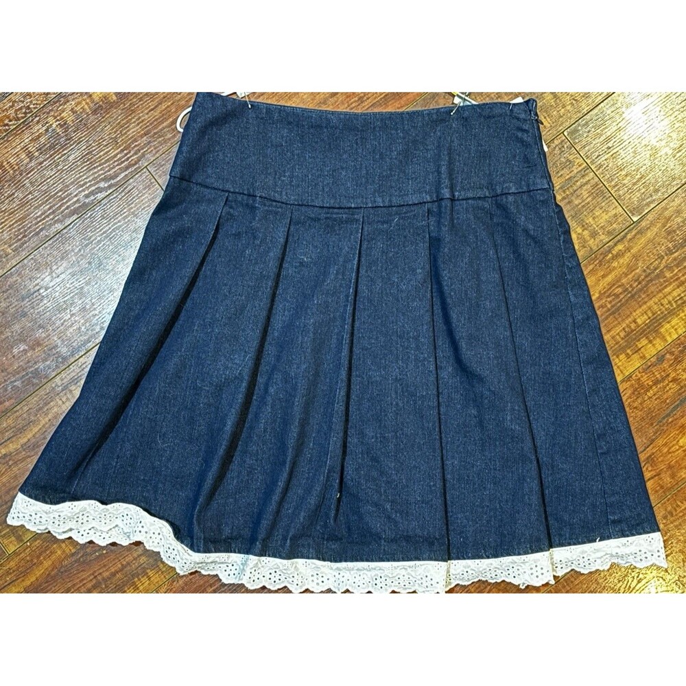 Vintage Y2K Motel Rocks Casini Mini Pleated Denim Skirt w Lace Trim Festival- S